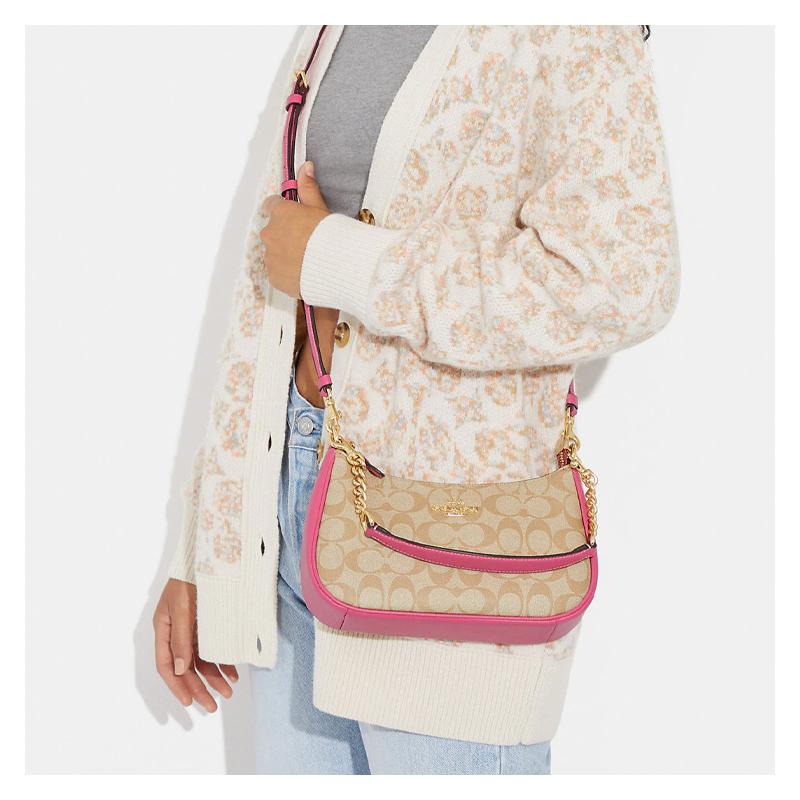 Coach Сумка на плечо Teri 25 с буквенным логотипом, классический старый цветочный принт, застежка-молния, холст с кожаной отделкой, подмышку, седло, кросс-боди, средний размер, женская, коричневая