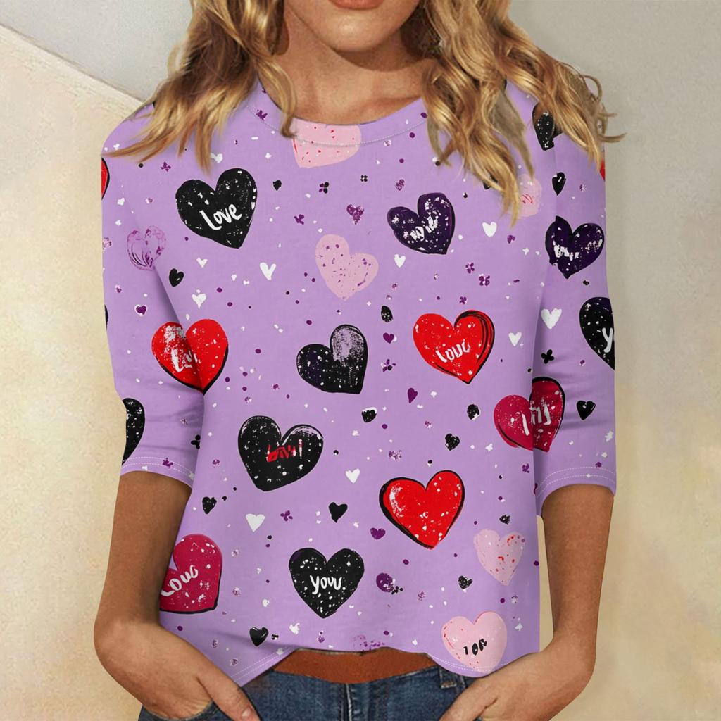 Женские топы с рукавом три четверти, рубашка на День святого Валентина, круглая горловина, свободная повседневная рубашка