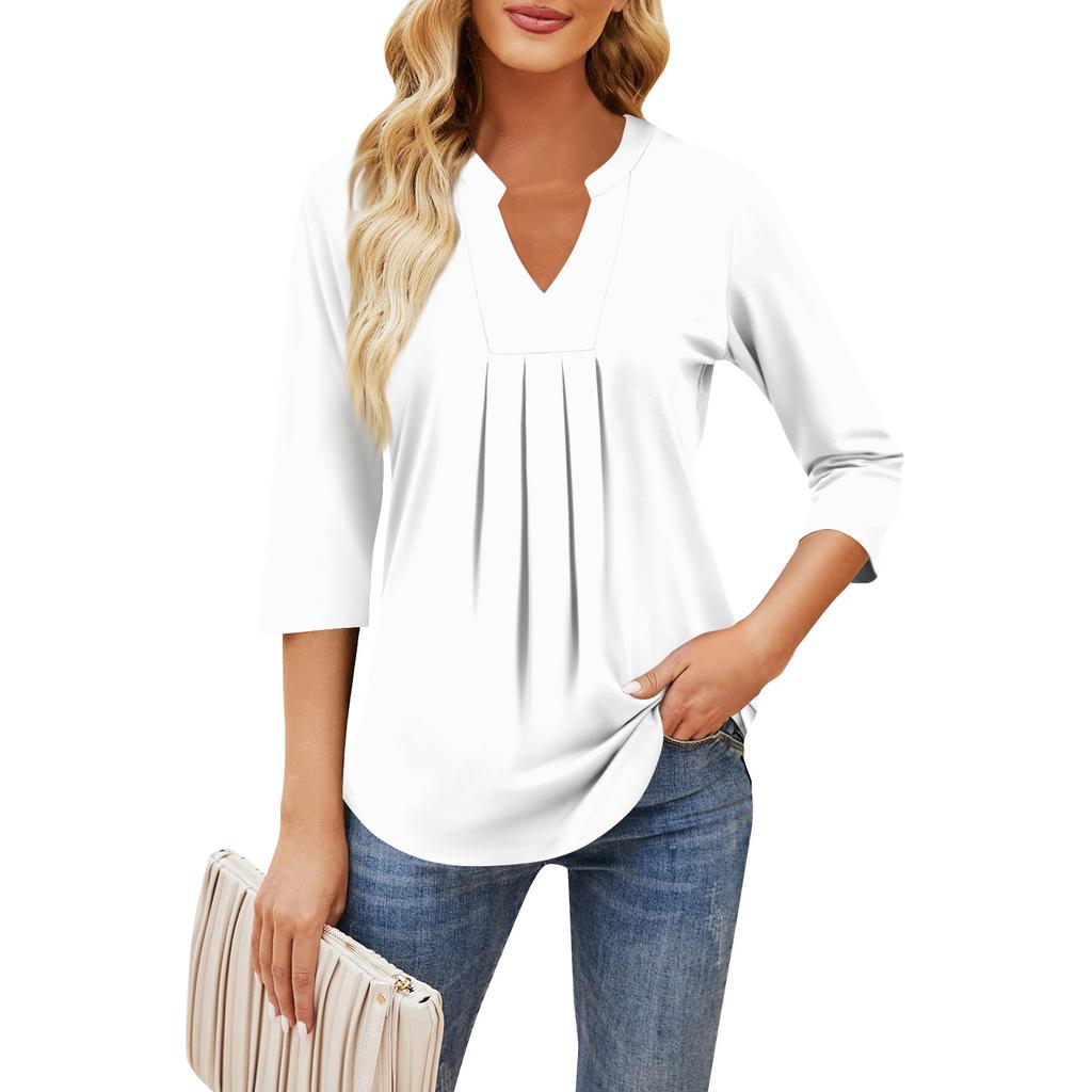 Women's Seven-quarter Sleeve Tops Casual V-neck Chest Ruffles Solid Color Loose T-shirt Tops