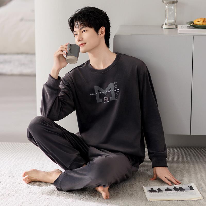 Мужская пижама осень и зима островной флис тонкий флис мужской большой размер коралловый флис домашняя одежда теплый костюм