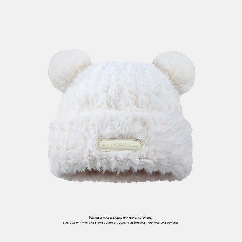 Милая шапка с медвежьими ушками для женщин, зимняя теплая мягкая плюшевая вязаная шапка, модная и универсальная шапка из шерсти с защитой ушей