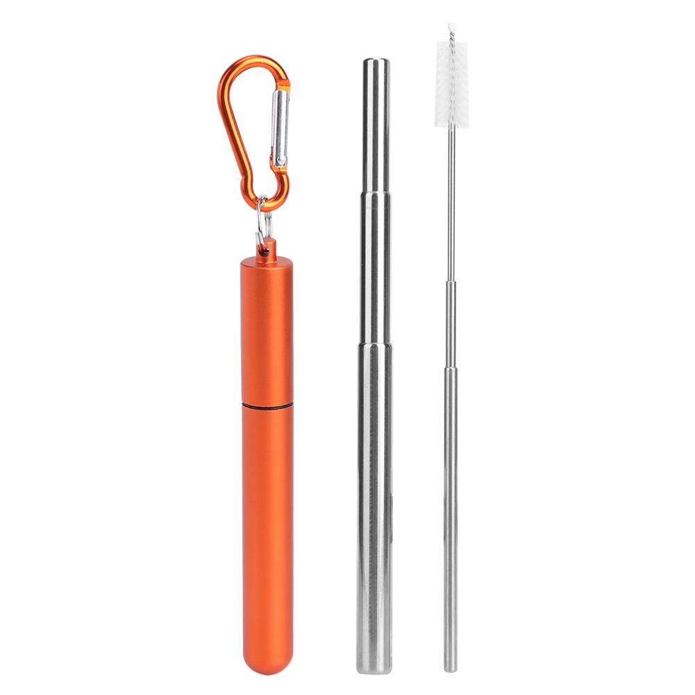 Portable Stainless Steel Retractable Straw Reusable Straw Cleaning Brush Kit for Picnic Orange
