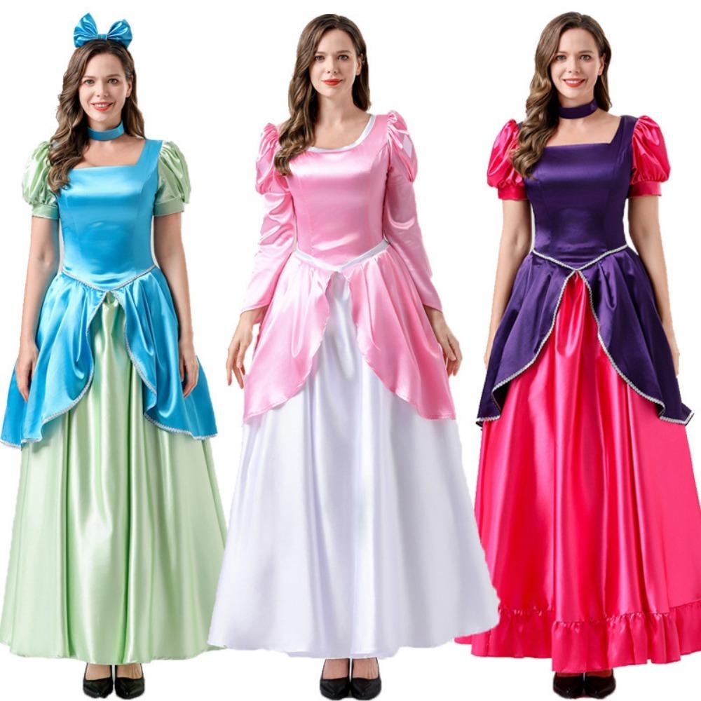 Women Princess Costume Puff Sleeve Square Neck Long Dress with Bow Headband for Halloween Party Cosplay