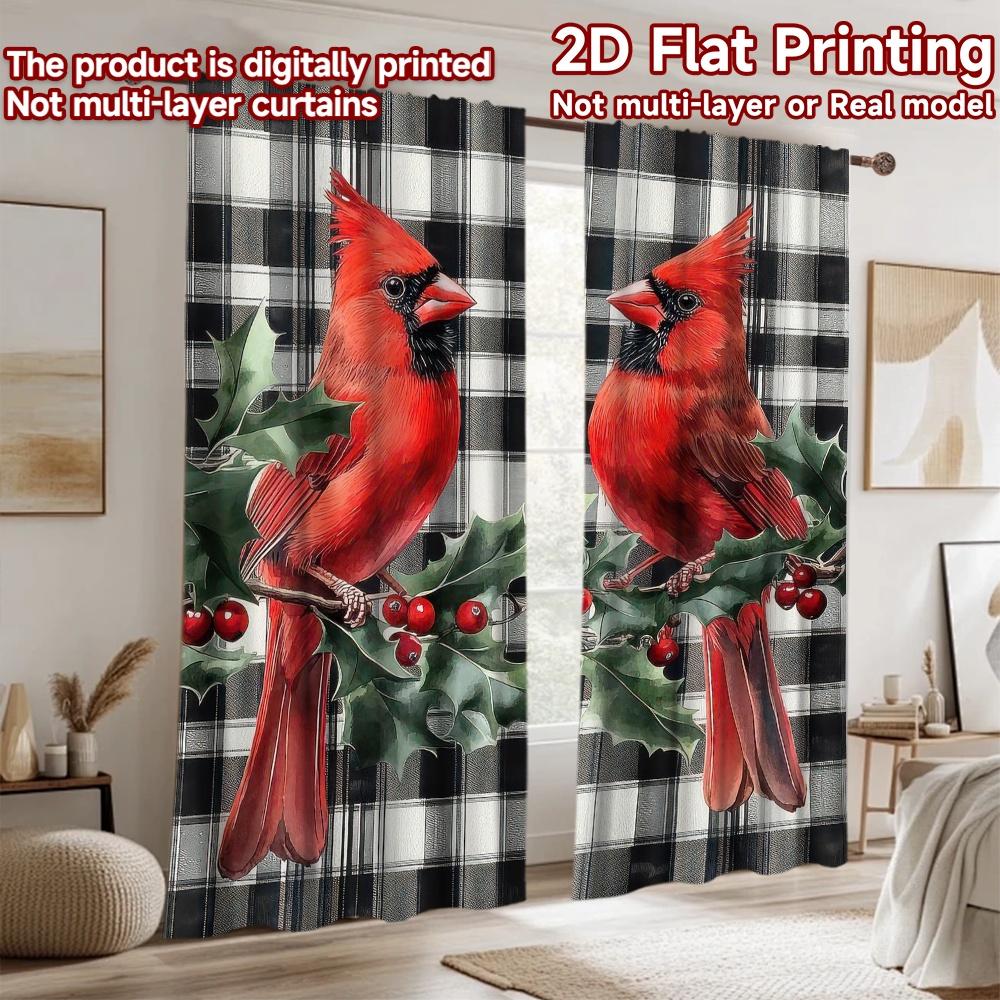 2D flat Photography Backdrop Scene Backdrop Christmas Cardinals on Plaid 100% Polyester Party Decorations for Indoor