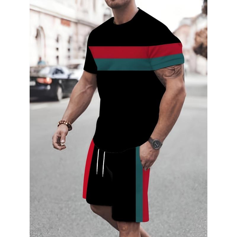 Summer Vocation Men's Tshirt Set 3D Print Solid Color Men Round Neck T-Shirt Shorts Two Piece Set Casual Man Suits Clothing