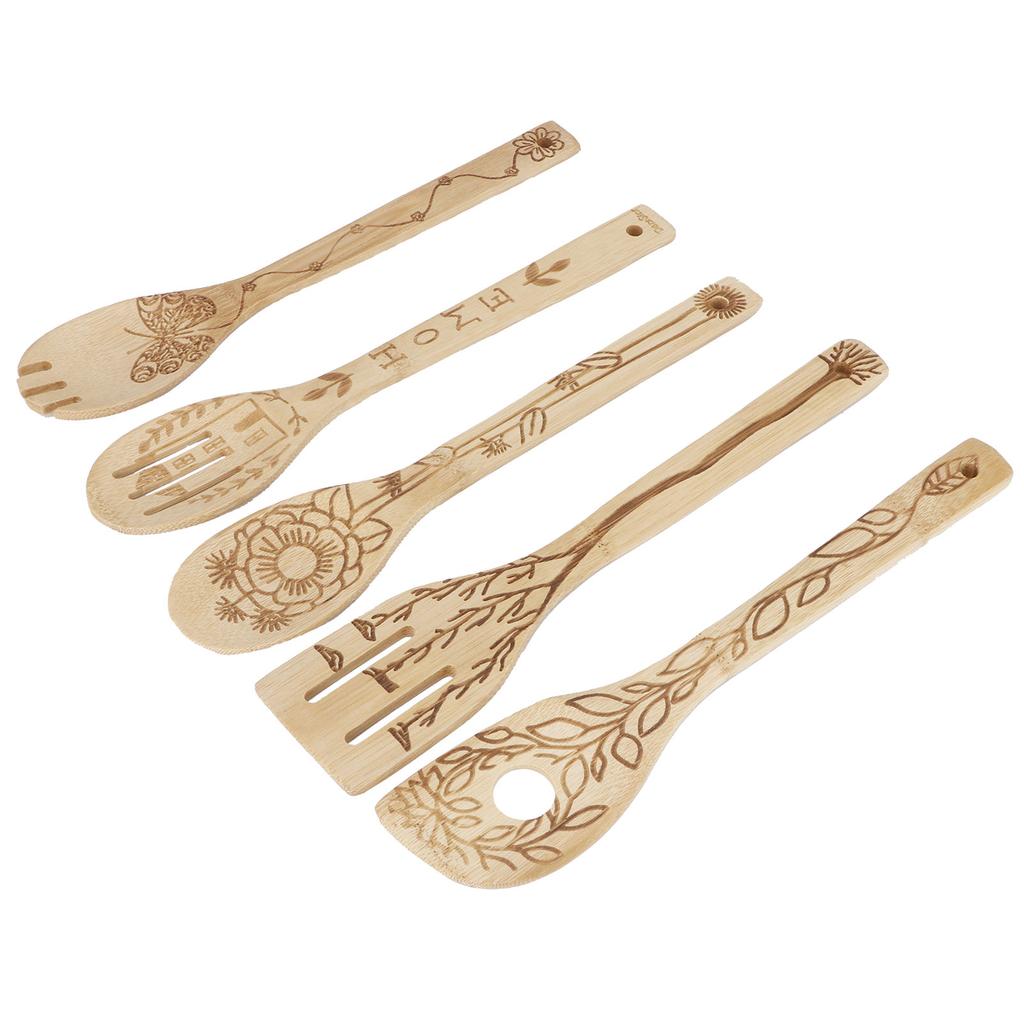 5Pcs Set Shovel Spatula Spoon Kit Carving Bamboo Cooking Utensils Cookware Kitchen Supply