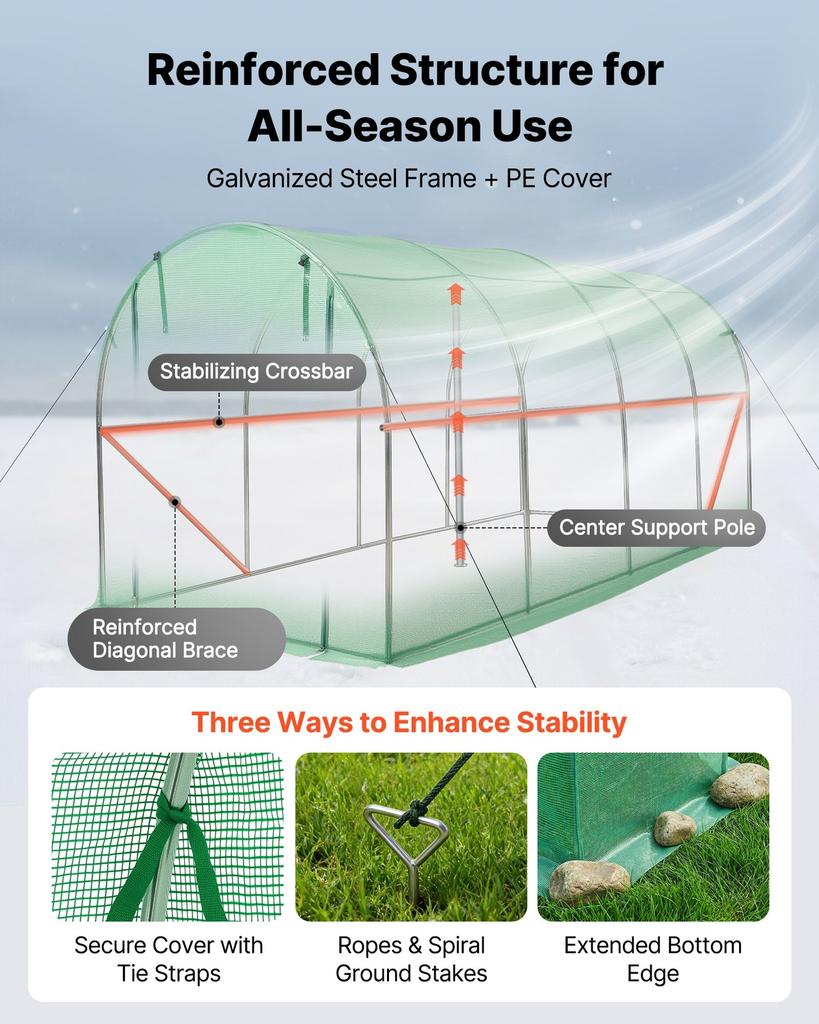 Walk-in Tunnel Greenhouse, 4.48x1.97x1.97 m Hoop House Greenhouse Tunnel with Watering System, Plant Hot House with Steel Frame, PE Cover, Roll-Up