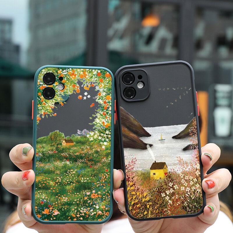 Ретро-чехол для телефона с росписью пейзажа для iphone 16 7 8 Plus SE2 X XS XR 16 14 12 13 11 Pro Max Большие цветочные поля Домик в лесу Чехлы