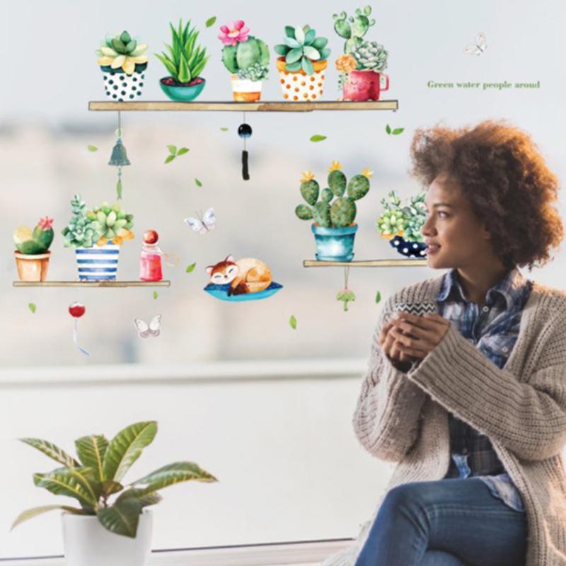 Симпатичный узор кактуса, самоклеящаяся наклейка на стену для гостиной, спальни, гардероба, крыльца, декора