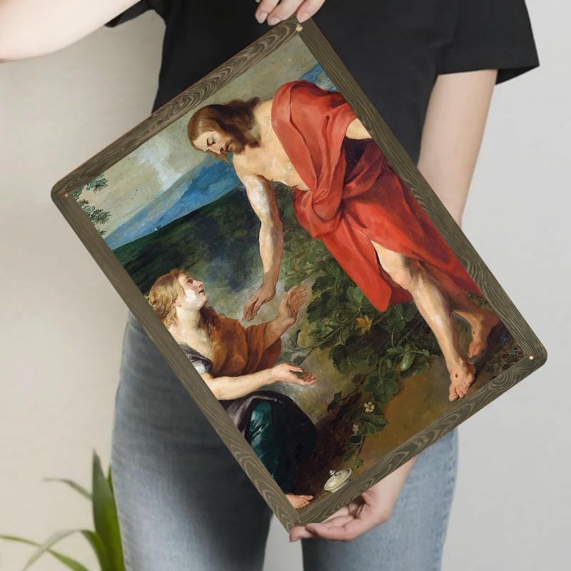 Vintage Religious Oil Painting Style Metal Wall Art Jesus and Samaritan Woman Home Decor Mural