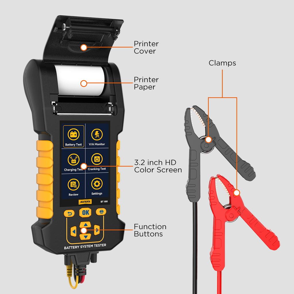 AUTOOL 8-30V V/A Battery Tester with Printer Monitor&Cranking Test&Charging Test&Start Test& Max Load Test & Data Review BT880