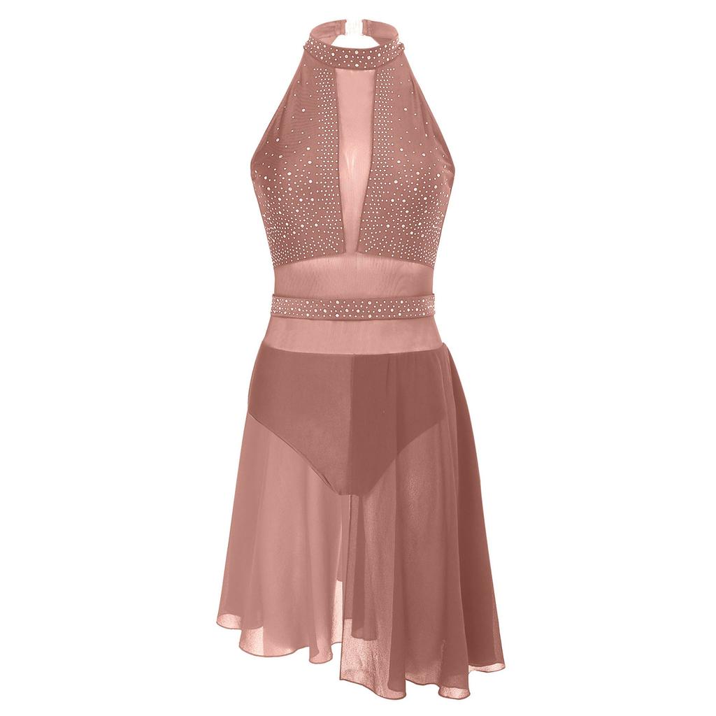 Женское блестящее платье для лирического танца со стразами, платья для латинских танцев без рукавов, костюм для бальных танцев