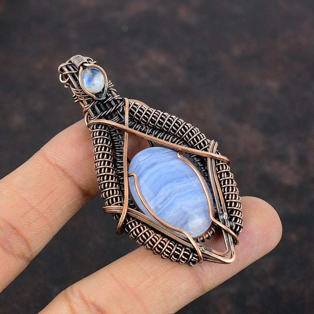 Кулон из синего кружева с агатом Радужный кулон из лунного камня Кулон из медной проволоки Ювелирные изделия ручной работы Подвеска из драгоценного камня для подарка Ювелирные изделия из медной проволоки