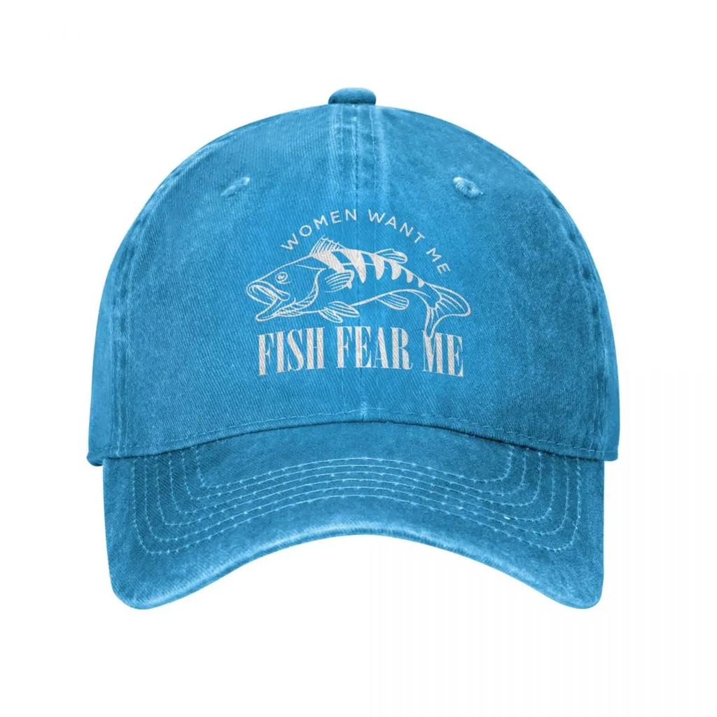 Женская бейсболка Want Me Fish Fear Me, винтажная потертая джинсовая кепка Meme Sun Cap для мужчин и женщин, всесезонные регулируемые кепки для путешествий, шляпа