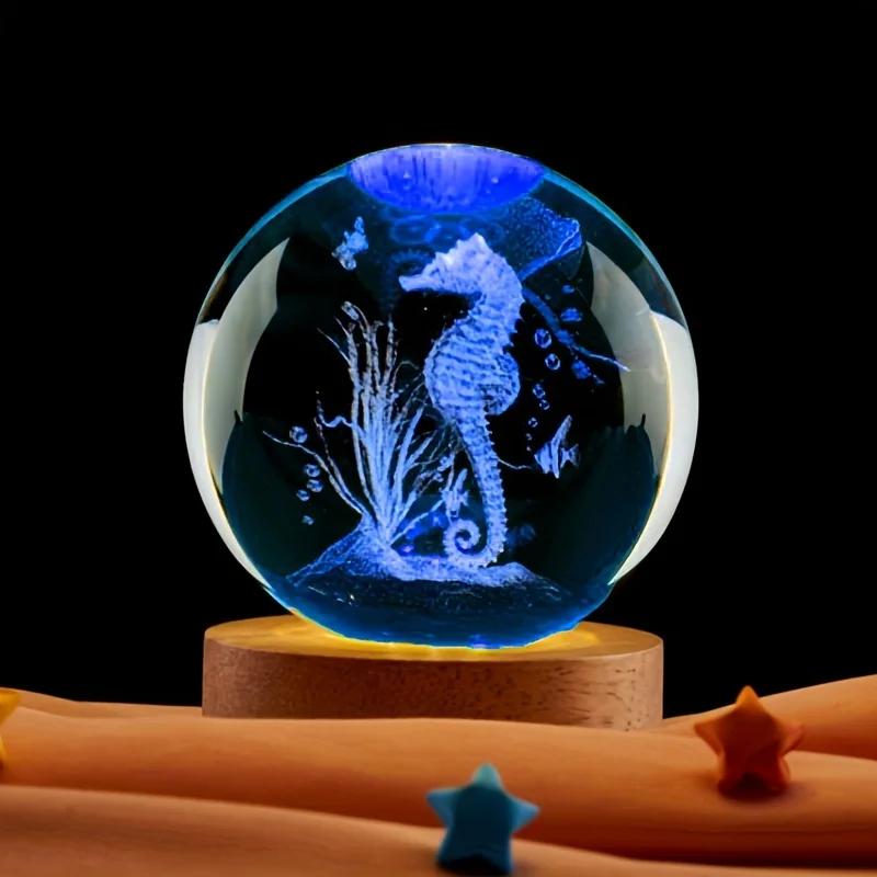 3D Морской конек хрустальный шар с деревянной основой Лазерная гравировка Статуэтка морского конька Ночной светильник для спальни Декоративный светильник подарок