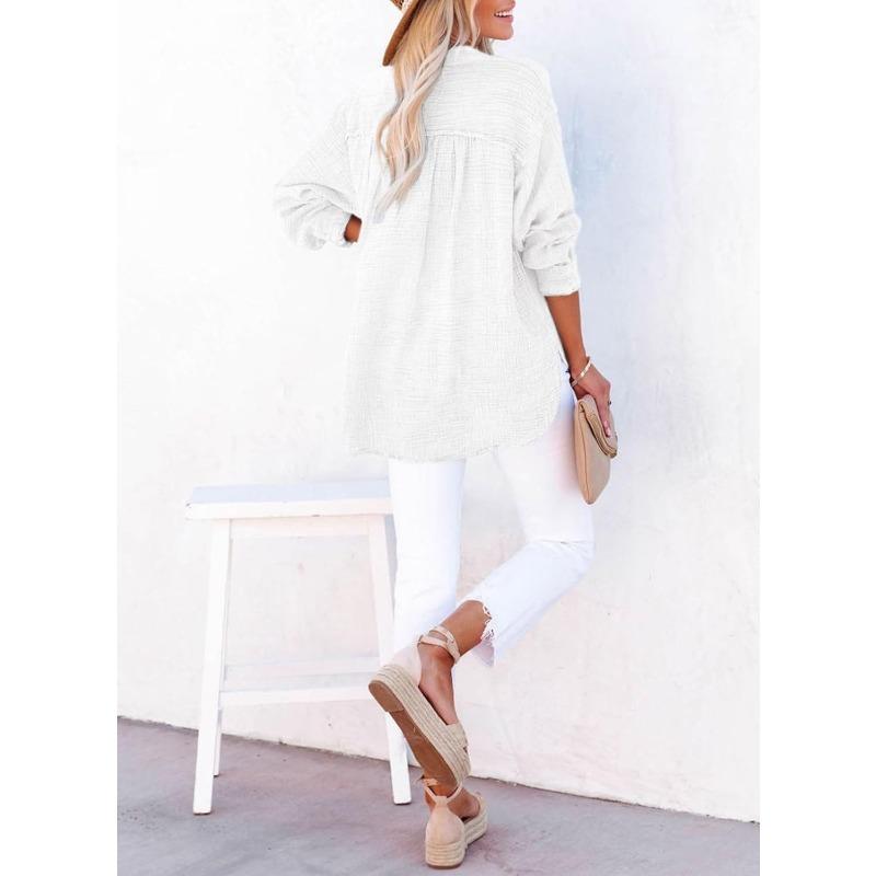 YYFS Women's Fashion Casual Spring Fall Solid Color Print Long Sleeve V-Neck Blouses & Shirts