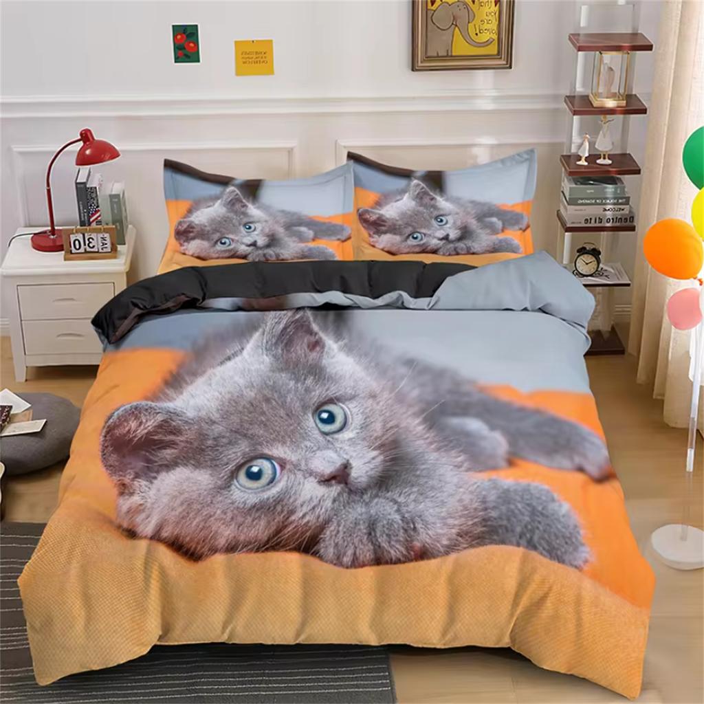 Cute Cat Bedding Set 3D Duvet Cover Set Single Double Twin Full Size Teens Adults Bedclothes Soft Polyester Bed Linen For Baby