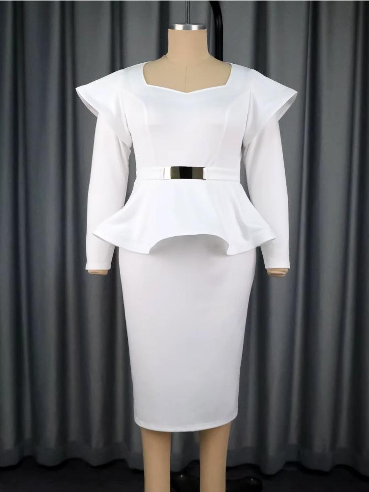 Women Elegant White Bodycon Dress Sweetheart Collar Long Sleeve Waist Belt Peplum Hem Evening Party Wedding Guest Autumn New