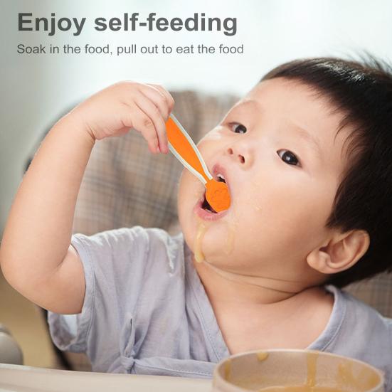 2Pcs Babies Food Training Spoons Set for 6+ Months Attractive Colors Portable Safe TPE Self Feeding Utensils for BLW Toddler Learning Tableware