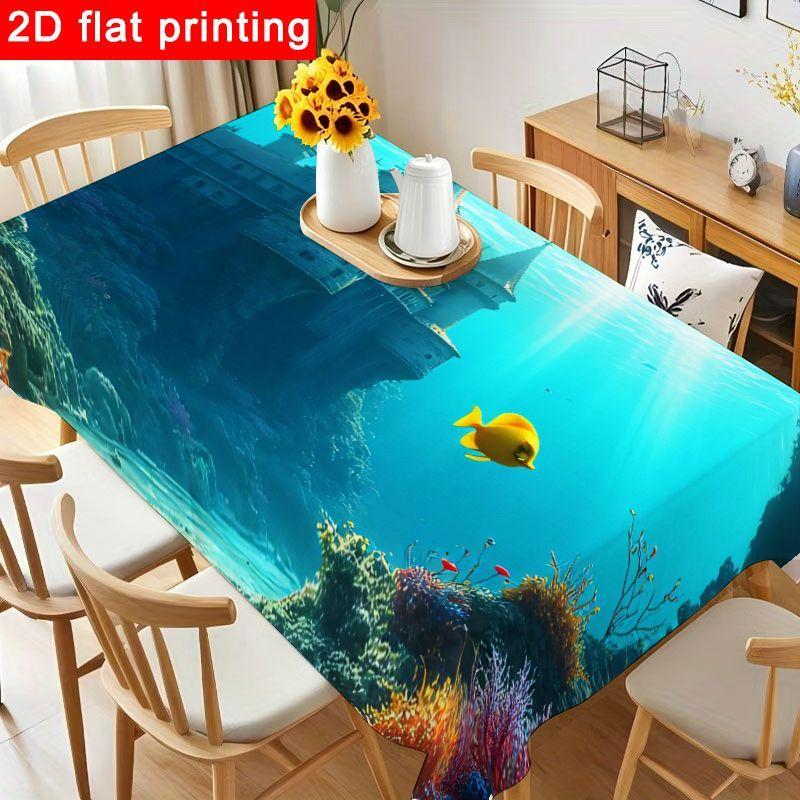 1pc Vibrant Underwater Castle Tablecloth - Dreamlike Turquoise Table Cover with Fairytale Architecture Design, Reusable & Easy to Clean for Ocean-Them