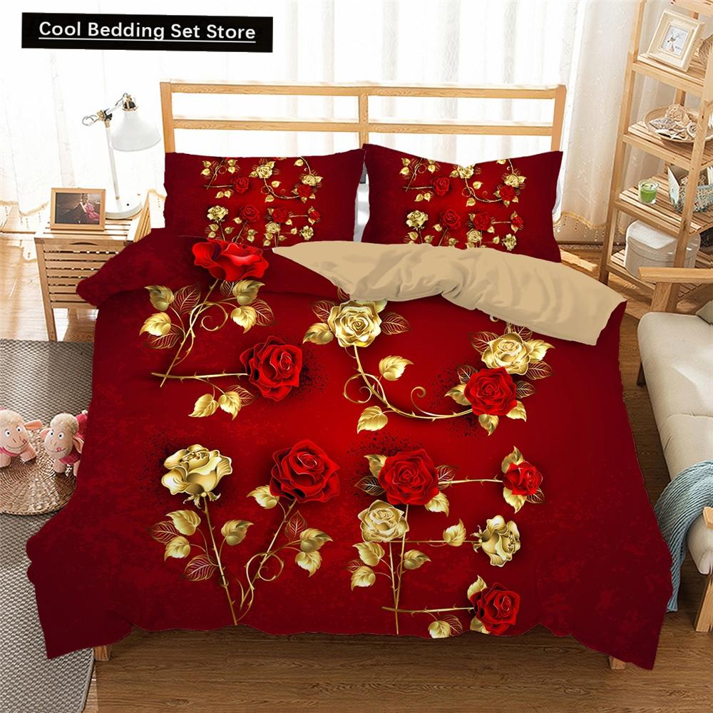 Пододеяльник Golden Red Rose King Queen Романтический комплект постельного белья с цветочным принтом Цветы ко Дню святого Валентина Пододеяльник из полиэстера