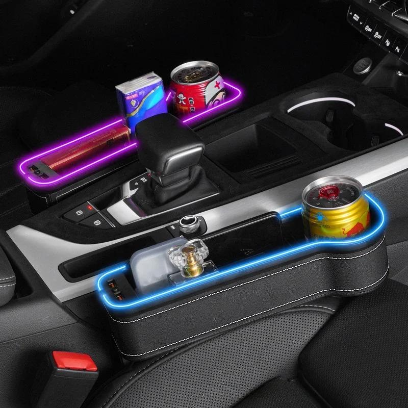 Новый автомобильный ящик для хранения щелей с 2 ​​USB-зарядными устройствами, красочный светодиодный карманный органайзер для сидений, держатель для бутылок и чашек для карточек, телефонов