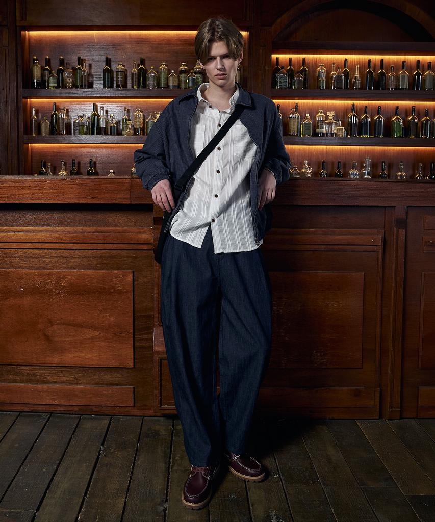 MAGOODGAN Чино 7708 С одной складкой Льняной Деним Свободный крой Темно-синий Полуэластичный Пояс Джинсовые Брюки