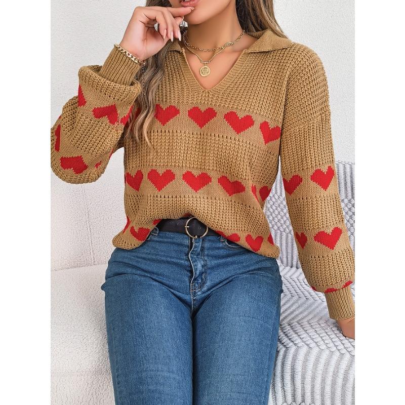 Women's Autumn and Winter Casual Lantern Sleeve Color Collision Heart Pullover Sweater