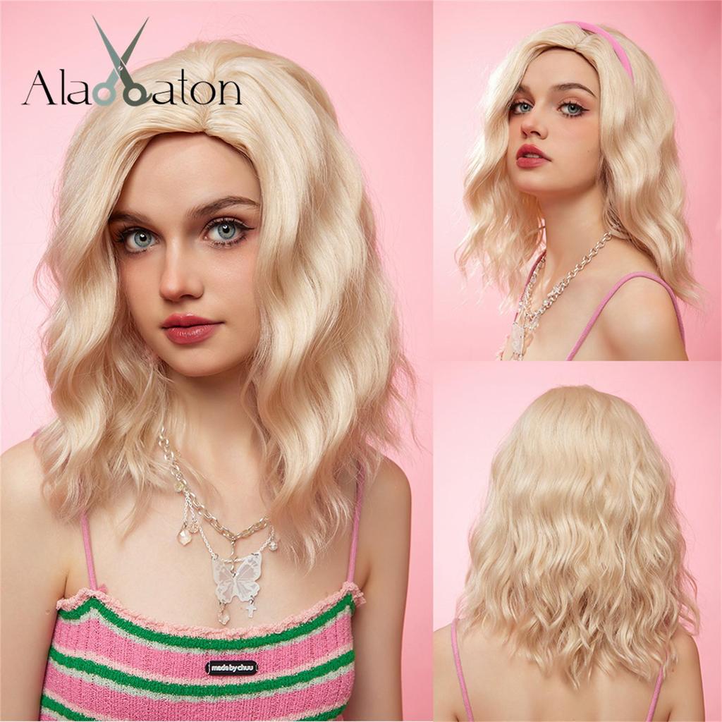 ALAN EATON Short BOB Synthetic WIGS Light Blonde Curly Wig with Bangs for Women Cosplay Daily Party Heat Resistant Fiber Wig