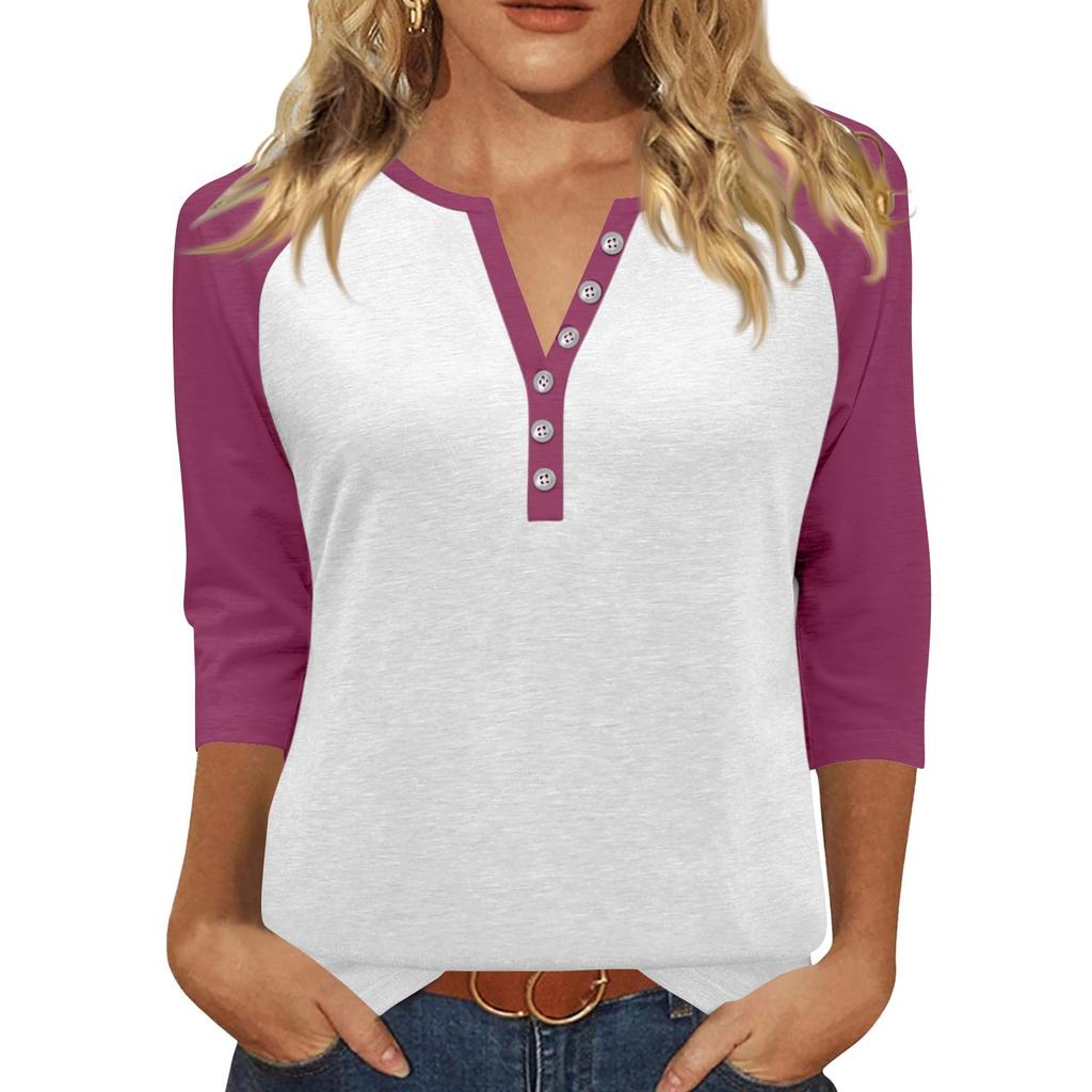 Жен. Футболка С принтом Пуговицы Рукав 3/4 Повседневные Выходные Мода Классический Классический V-образный вырез Обычный Верх