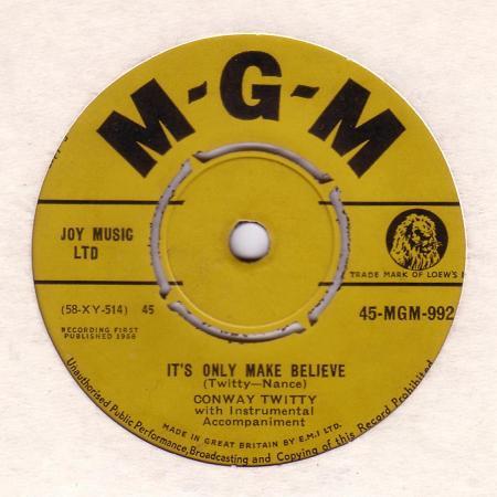 7-дюймовая пластинка CONWAY TWITTY - It's Only Make Believe 45MGM992 MGM Records 1958 UK Рок Б/У