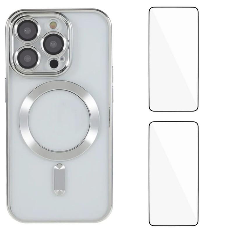 For iPhone 13 Pro 6.1 Inch Magnetic Case WANLONFENG Electroplated TPU Cover with Lens Film+2Pcs Tempered Glass