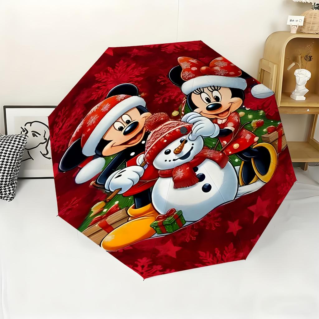 1pc Disney Mickey and Minnie Christmas Theme Automatic Umbrella, All-Occasion Dual-Use Umbrella for Rain or Shine, Portable Fo