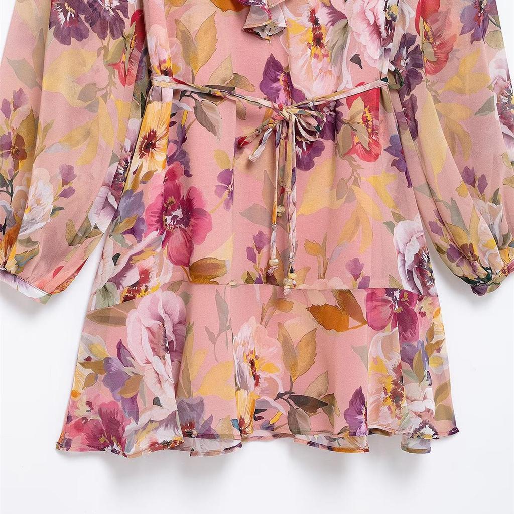 Женское платье 2025 года с цветочным принтом, V-образным вырезом, оборками и длинными рукавами