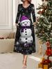 2025 Осень и Зима Новое Женское Повседневное Модное Платье 3D Принт Снеговика Длинный Рукав V-образный Вырез А-силуэт Рождественский Подарок