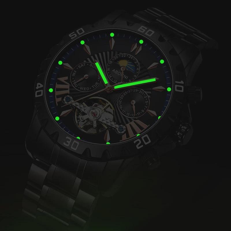Men Business Casual Mechanical Watch Calendar Week Moon Phase Multifunctional Waterproof Luminous Stainless Steel Wristwatch