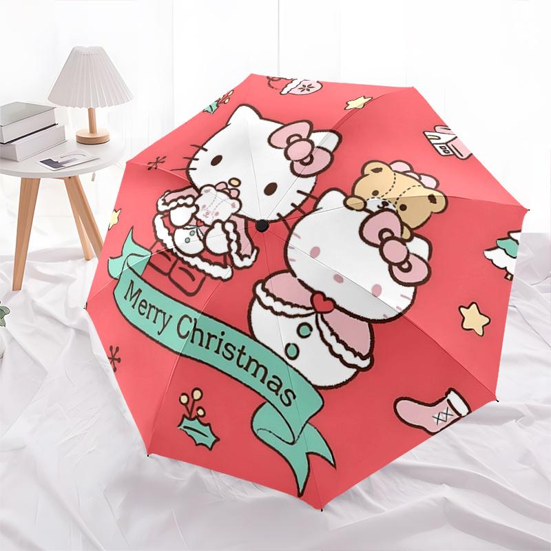 1pc Hello Kitty Christmas Edition Automatic Opening/Closing Umbrella with Foldable Design, 8-Rib Iron Frame Outdoor Umbrella, Festive Gift for Fans, T