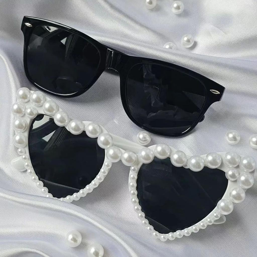 2PCS Pearl Decoration Love Large Frame Y2K Retro Style Prom Wedding Party Couple Sunglasses Combination for Men and Women