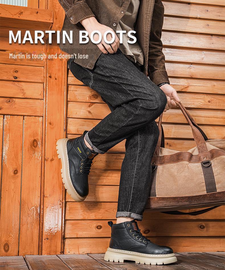 2024 Men's Black Leather High-Top Martin Boots: Retro, Thick-Sole Casual for Autumn/Winter