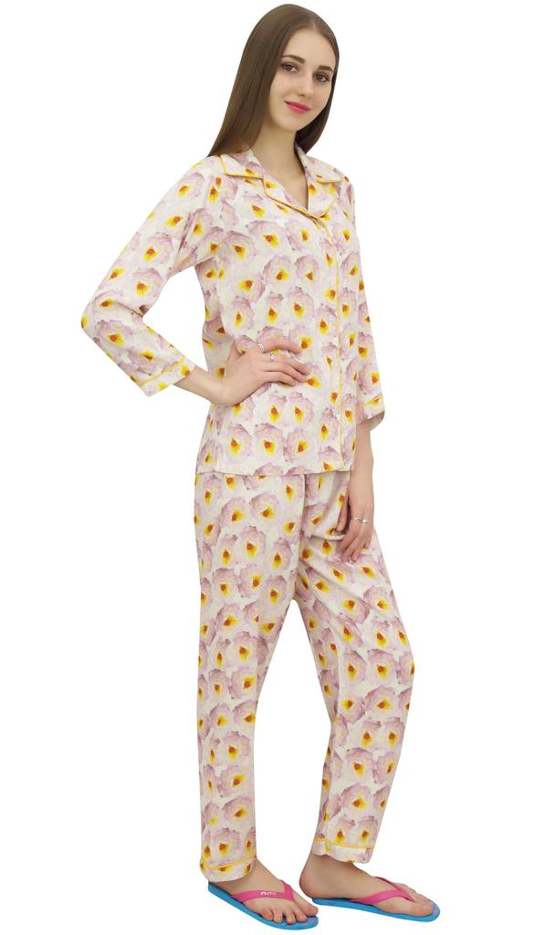 Bimba Женский комплект из пижамы и брюк с принтом Off-White с длинным рукавом