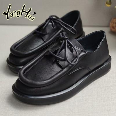 Повседневные женские туфли на толстой подошве и плоской платформе, новинка 2024 года, модные туфли-лодочки из натуральной кожи с узором из швейных ниток, кофейного цвета, весна