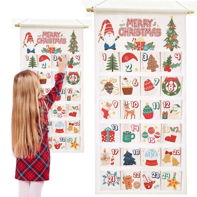 Hanging Christmas Advent Calendar with 24 Fillable Compartments, Fabric Wall Advent Ornament for Daily Surprises Across Homes or Classrooms