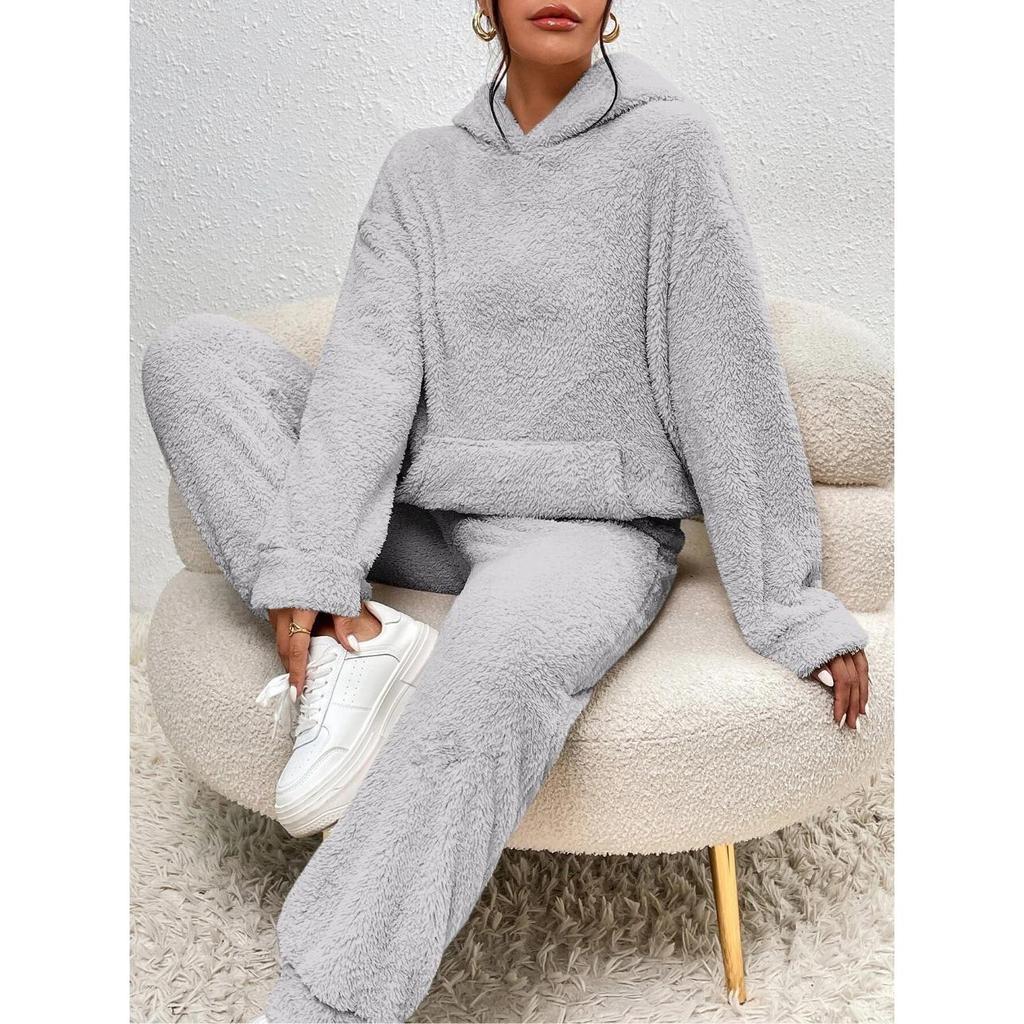 Женский плюшевый костюм с капюшоном, повседневный костюм-двойка из толстовки с длинным рукавом и брюк
