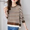 Women Casual Round Neck Long Sleeve Autumn Stripe Patchwork Blouse