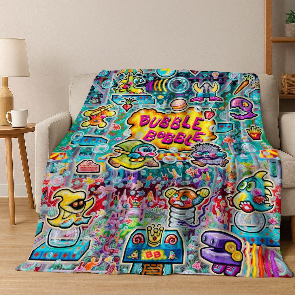 3D Retro Game Bubble Bobble Cartoon Flannel Blanket,Cozy Soft Throw Blanket for Home Bedroom Bed Sofa Picnic Cover Gift Kids