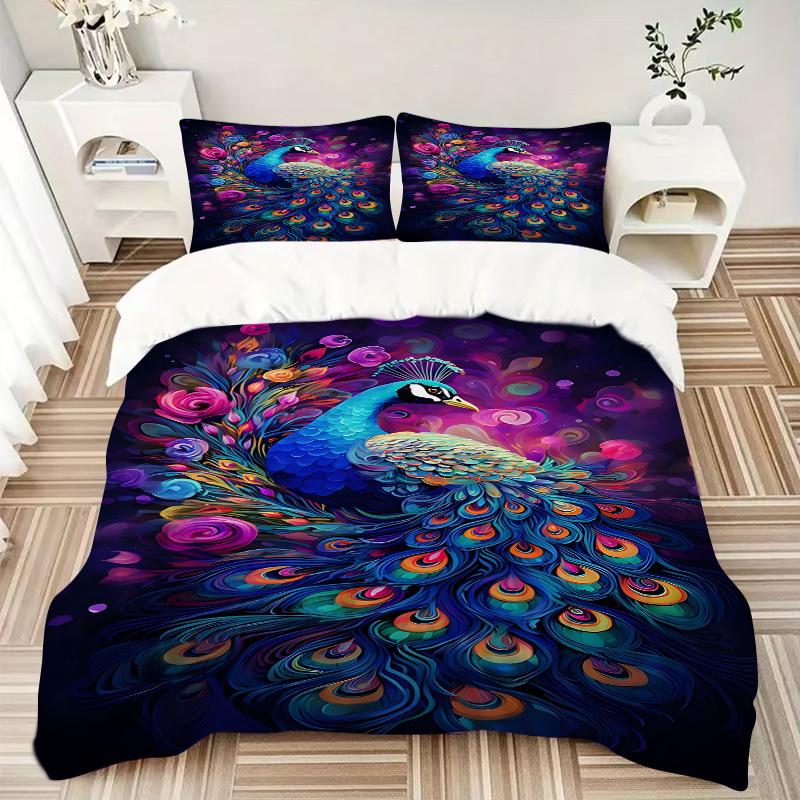 3pcs Peacock Feather Duvet Cover Set -Includes 1 Duvet Cover and 2 Pillowcases, No Quilt Core, All-Season Home Decor yy251111192