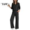 Fabric Fitness Clothing Women Sweatshirt Pants 2-Piece Set, V-Neck Long Sleeve Top & Wide Yoga Outfits with Elastic Waistband Leg Trousers Waist,
