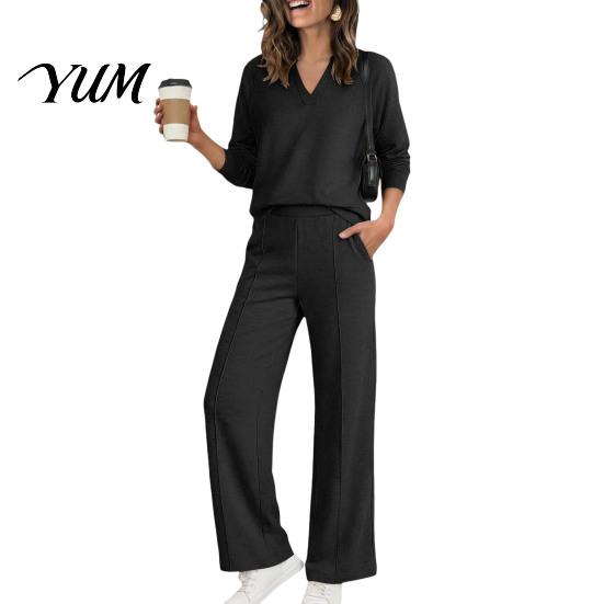 Fabric Fitness Clothing Women Sweatshirt Pants 2-Piece Set, V-Neck Long Sleeve Top & Wide Yoga Outfits with Elastic Waistband Leg Trousers Waist,