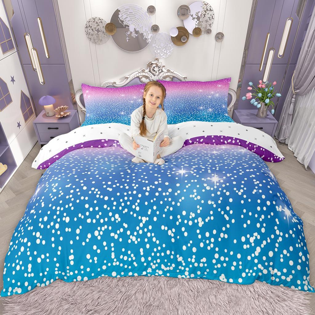 Homewish Kawaii Rainbow Duvet Cover Set for Girls, Glitter Stars Quilt Cover Set, Psychedelic Galaxy Bedding Set