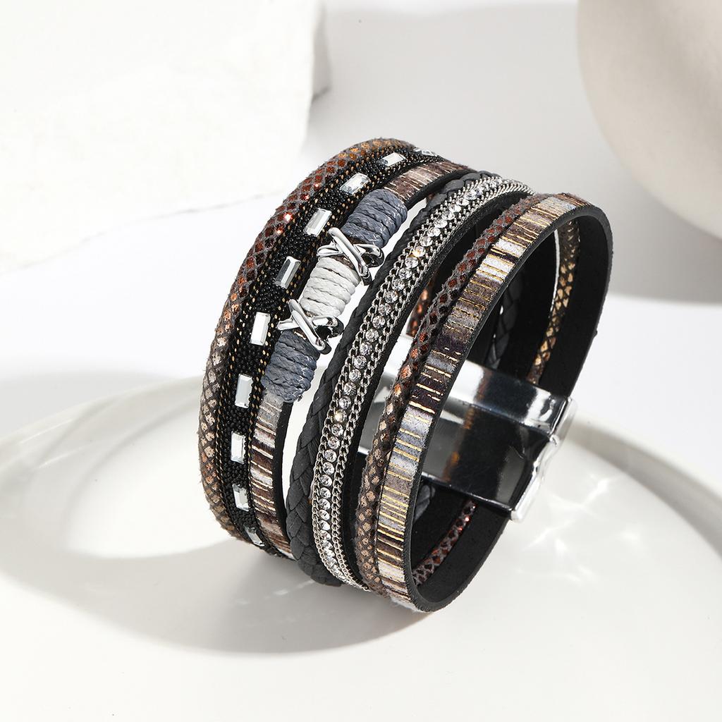 Bracelet Handmade winding bracelet Imitation crystal rhinestone bracelet Color braided multi-layer PU leather female magnet buckle hand rope